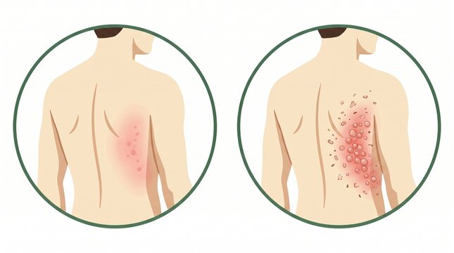 Shingles rash progression on human back, medical illustration of herpes zoster virus stages, skin inflammation and blister outbreak