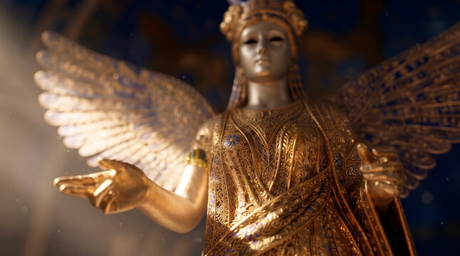 Close up of a golden statue of the ancient Mesopotamian winged goddess Ishtar