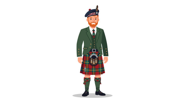 Scottish Man in Traditional Kilt and Bagpipes Outfit Isolated