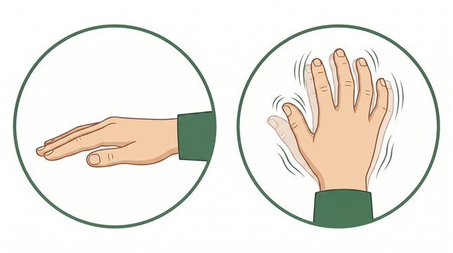 Hand tremor medical illustration, shaking hands symptom icons, neurological condition diagram, involuntary muscle movement graphics