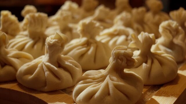Close up macro shot of unboiled handmade Georgian khinkali meat dumplings dusted with flour on wooden tray inside restaurant kitchen, warm culinary mood.