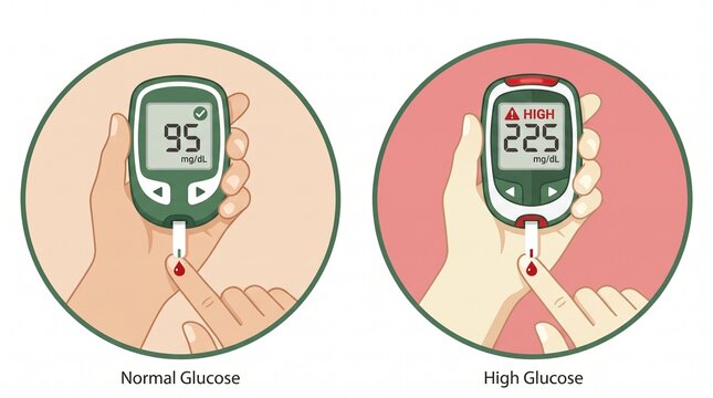 Diabetes blood glucose monitor comparison, normal versus high sugar levels, medical glucometer testing illustration