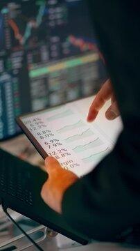Tablet financial dashboard market data interactive analytics display performance charts. Close-up of a business analyst holding a digital tablet