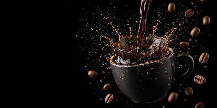 International Coffee Day Black Coffee Splash from Cup with Flying Beans