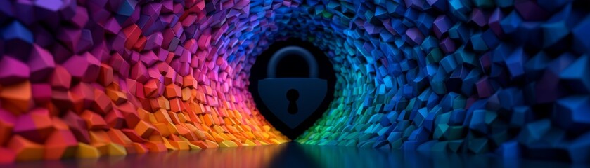 Fototapeta premium AI technology, data security, digital transformation, Colorful Watercolor Tunnel Representing Data Privacy in a Panoramic Perspective View