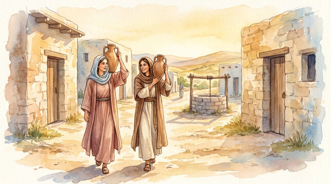 Two women carrying clay jugs in warm sunlight, classic village life in Nazareth