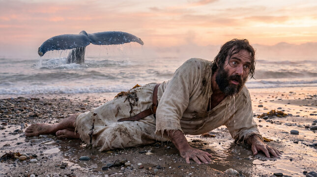 Biblical scene of Jonah crawling on the shore after being expelled by a whale at sunset