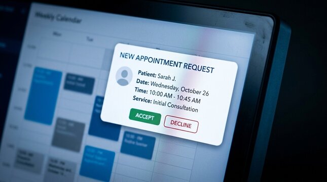 Close-crop of an online appointment request notification appearing on a scheduling dashboard screen