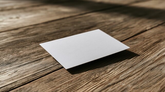 A white business card placed at an angle on a wooden floor, highlighting detailed textures and clean minimal design with natural lighting.