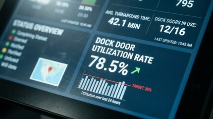 Obraz premium Close-up of a dock door utilization rate percentage displayed on a status board summary screen