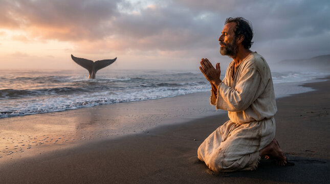 Biblical scene. Jonah prays on the shore after being cast out by the whale.