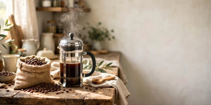 International Coffee Day French Press Coffee with Burlap Beans and Blank Wall
