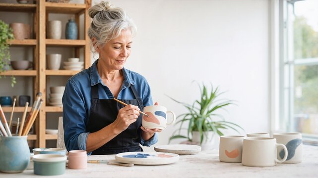 Senior woman painting a ceramic mug in a pottery studio. Elderly female artisan decorating handmade clay cups with a brush. Creative hobby and retirement leisure concept