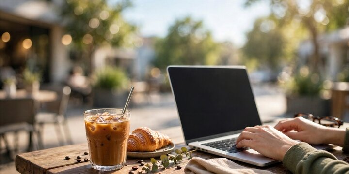 International Coffee Day Iced Coffee Laptop and Croissant on Outdoor Work Table