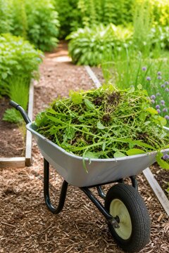 Wheelbarrow full of pulled weeds in a garden. Yard maintenance and organic gardening concept. Vertical composition