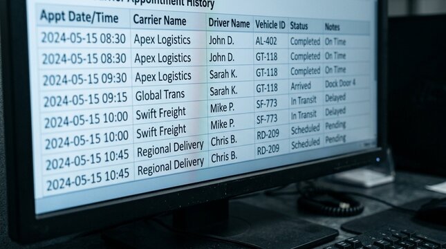Close-up of a carrier appointment history log scrolling on a computer screen at a scheduling desk