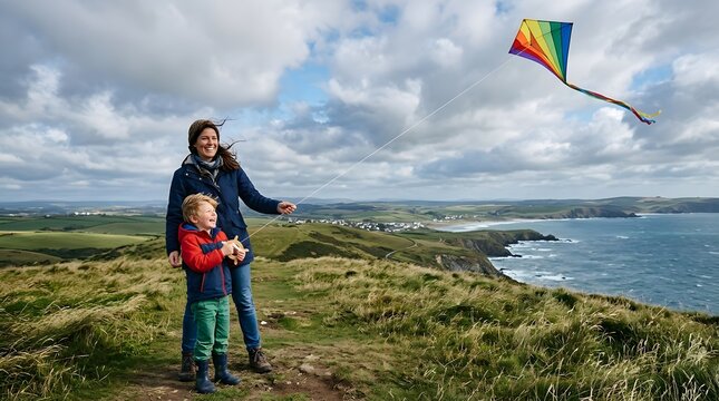 Mother and son flying a rainbow kite on a grassy cliff overlooking the ocean and a coastal village