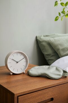 Alarm clock and satin sleeping mask on a wooden bedside table. Bedroom nightstand with sleep accessories and green bedding. Sleep hygiene and wellness concept