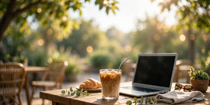International Coffee Day Outdoor Workspace with Laptop Iced Coffee and Croissant