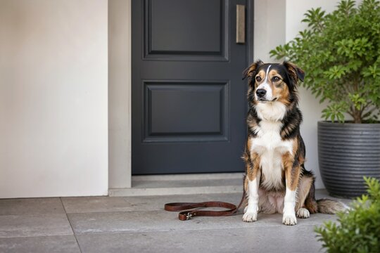 Tricolor dog waiting patiently outside the front door with a leash on the ground. Border collie mix sitting on a patio