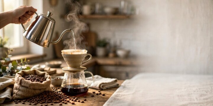 International Coffee Day Pour over Coffee Setup with Kettle and Bean Sack