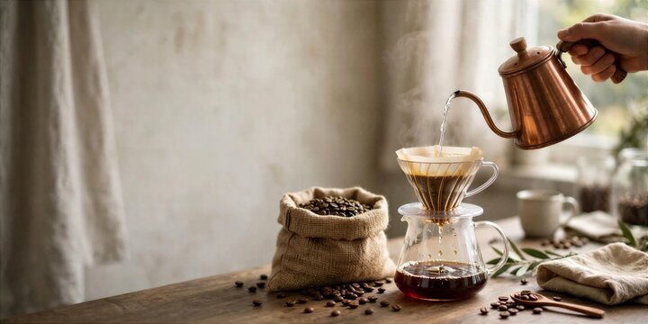 International Coffee Day Pour over Coffee with Kettle and Burlap Bean Sack
