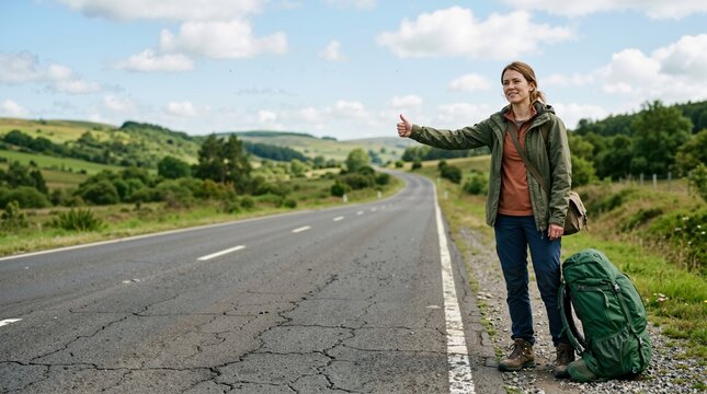 Young woman hitchhiking on an empty country road. Female traveler with a backpack holding her thumb up. Adventure travel and backpacking concept