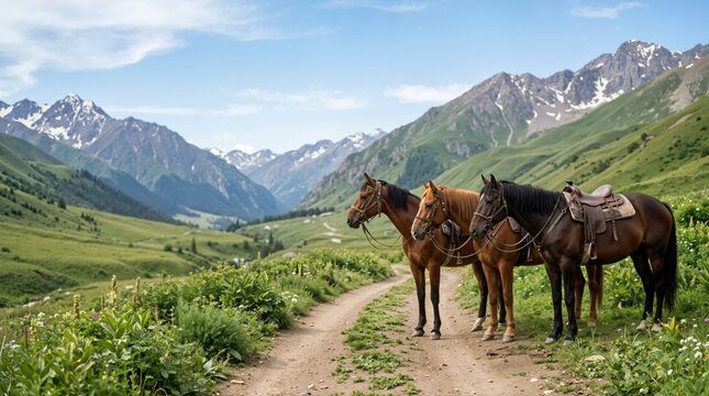 Three saddled horses standing on a dirt path in a mountain valley. Horseback riding and trekking in a scenic alpine landscape. Adventure travel concept