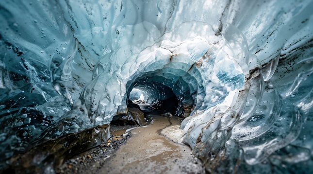 Inside a blue glacier ice cave with textured frozen walls. Natural ice tunnel with a wet path. Winter adventure and glacier tour concept