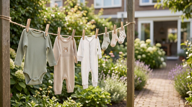 Baby clothes drying on an outdoor line in a sunny home garden
