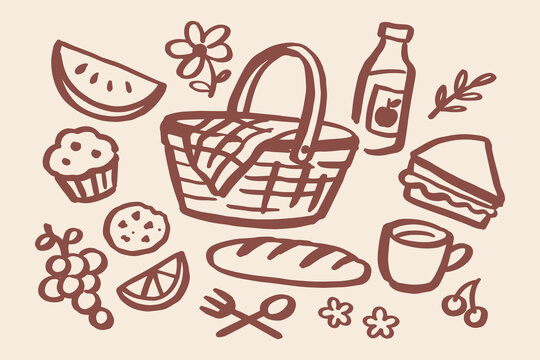 Picnic Basket and Food Hand Drawn Vector Set Illustration