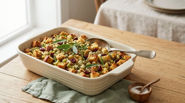 Baked stuffing with herbs and cranberries in a baking dish. Traditional Thanksgiving side dish on a wooden table. Holiday feast and home cooking concept
