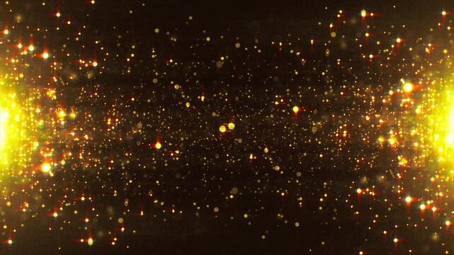 Glowing gold bokeh particles frame on dark background. Ideal for luxury event backdrop, awards show, or holiday promo.