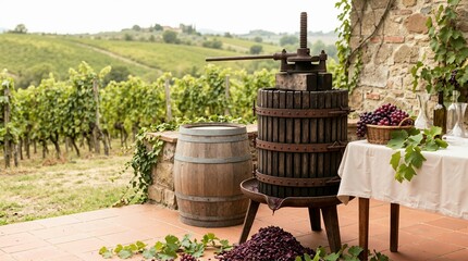 Obraz premium Old fashioned wooden wine press on a patio. Rustic barrel and table with grapes overlooking a vineyard. Traditional winemaking and Wine Day concept