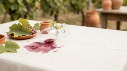 Obraz premium Overturned wine glass with a red wine stain on a white tablecloth. Spilled drink on a table with grapes and a vineyard background. Wine Day concept