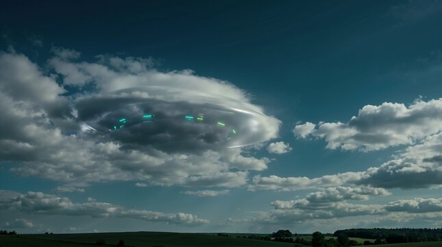 UFO disguised as a cloud in the sky. Unidentified flying object with glowing lights hidden in clouds over green fields. World UFO Day concept