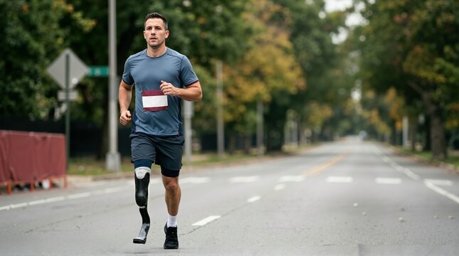 Veteran with prosthetic leg running in a race. Amputee athlete participating in a marathon on an empty road. Determination, resilience and adaptive sports concept