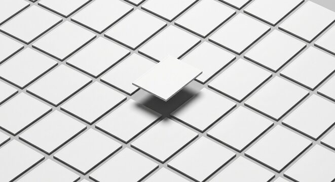Isometric grid of blank white magazine covers with a floating center template on a smooth surface with soft shadows.
