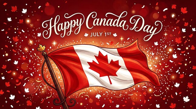 Happy canada day celebration with waving national flag