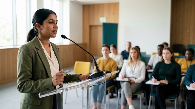 Young female speaker presenting at a podium in a lecture hall. Woman giving a speech to a diverse audience of students. International Youth Day debate concept