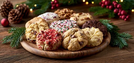 Obraz premium Festive holiday setting featuring a rustic platter filled with an assortment of vibrant gourmet cookies.
