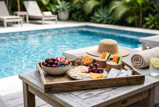 Wooden breakfast tray with fruit cheese crackers and snacks by the pool for summer brunch table and alfresco dining background