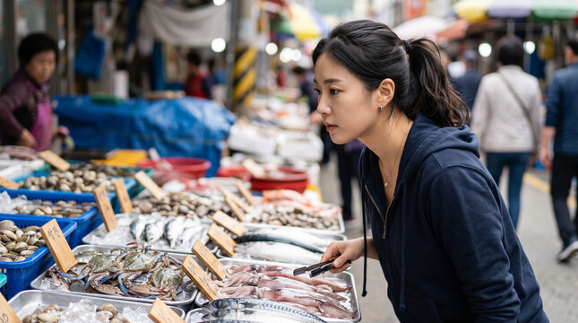 Young woman shopping at an outdoor seafood market inspecting fresh fish and shellfish for editorial background and banner design