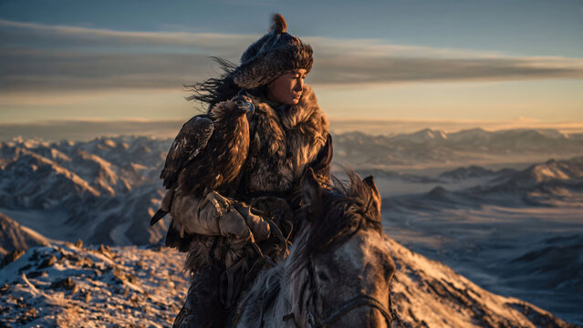 Ancient Warrior Standing on Mountain Peak.