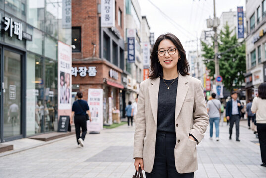 Young woman smiling on a busy city street wearing a blazer and glasses for lifestyle portrait and fashion banner