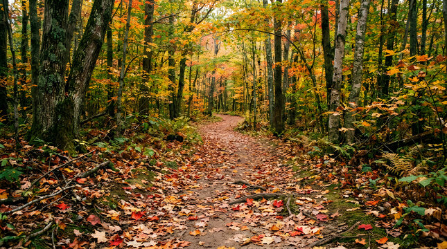 A peaceful walking path through a colorful autumn forest with yellow and orange leaves on the ground