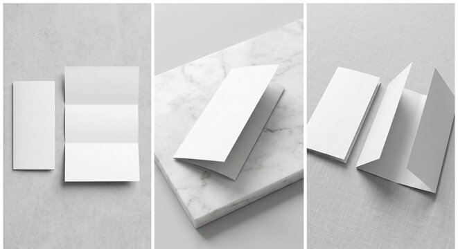 Multi-panel triptych mockup featuring three views of blank white matte tri-fold brochures on marble and gray surfaces with soft natural lighting.