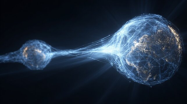 Abstract view of a global quantum network connection, visualized as two distant Cryostats linked by a shimmering, unbreakable fiber-optic line. 