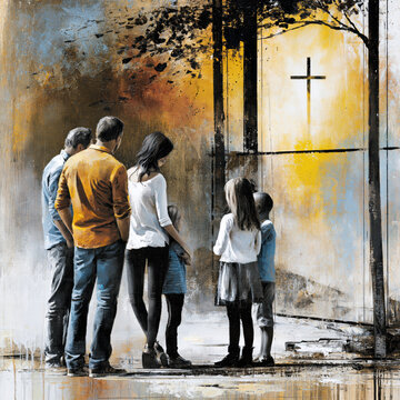 Christian Family Gathered in Faith with Cross Silhouette &ndash; AI Generative