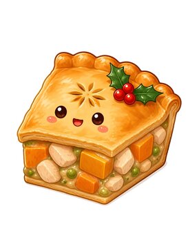 An adorable slice of Christmas pot pie cartoon character with a cheerful kawaii face, golden-brown crust, filled with hearty chicken and vegetables, topped with festive holly berries 